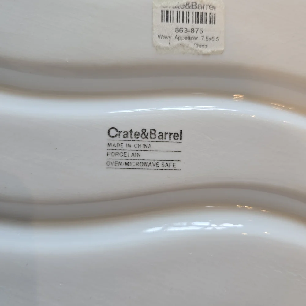 Crate & Barrel Set of 3 White Ceramic Appetizer Dishes: Swirl Wavy Triangle